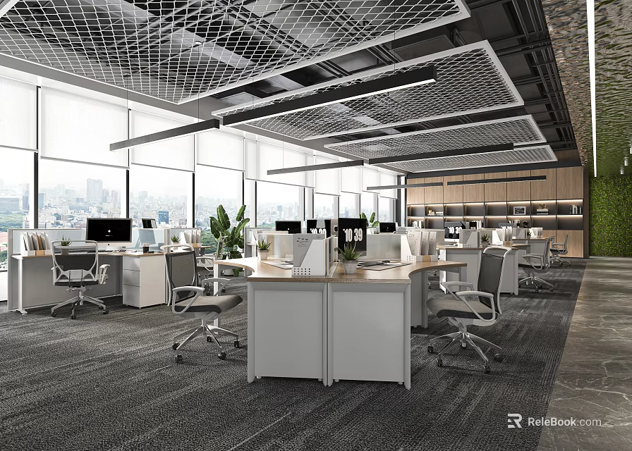 Modern Office Interior Design With Open Workstations Computers Green Plants And Large Windows 3d model 