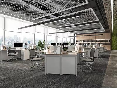 Modern Office Interior Design With Open Workstations Computers Green Plants And Large Windows 3d model