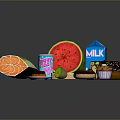 Assorted Fresh Food Selection Featuring Watermelon Grapefruit Milk Soda Pop Donuts And Cupcakes