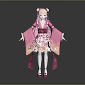 Pink Haired Fantasy Creature Character With Twin Buns In Pink Kimono And White Skirt