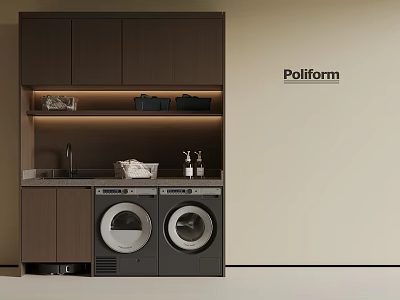 Stylish Laundry Room Interior With Dark Wood Cabinets Double Washing Machines Countertop Faucet And Poliform 3d model