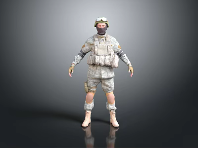 Military Character in Camouflage Uniform With Helmet Mask Standing Pose on Gray Reflective Ground 3d model