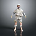 Military Character in Camouflage Uniform With Helmet Mask Standing Pose on Gray Reflective Ground