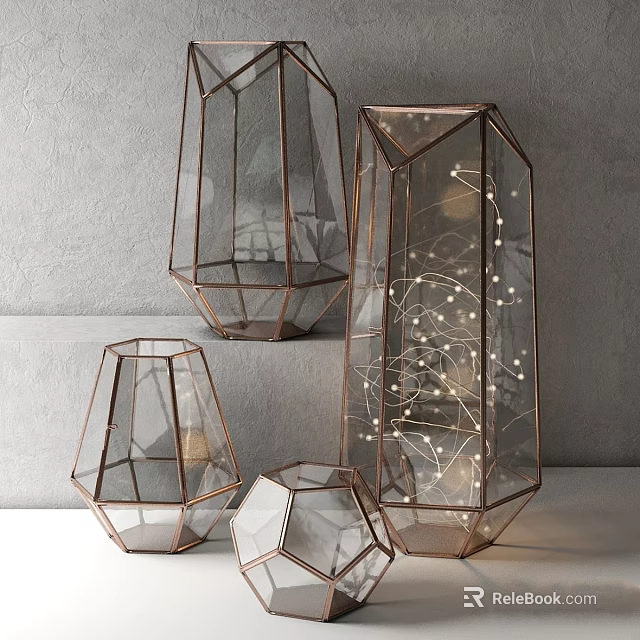 Transparent Geometric Wall Decor Pieces With Copper Edges And Fairy Lights 3d model 