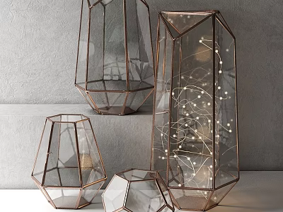 Transparent Geometric Wall Decor Pieces With Copper Edges And Fairy Lights 3d model