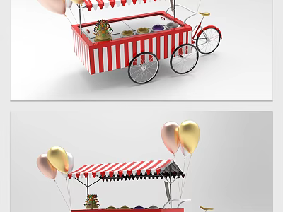 Red And White Striped Mobile Food Cart With Awning Balloons And Snack 3d model