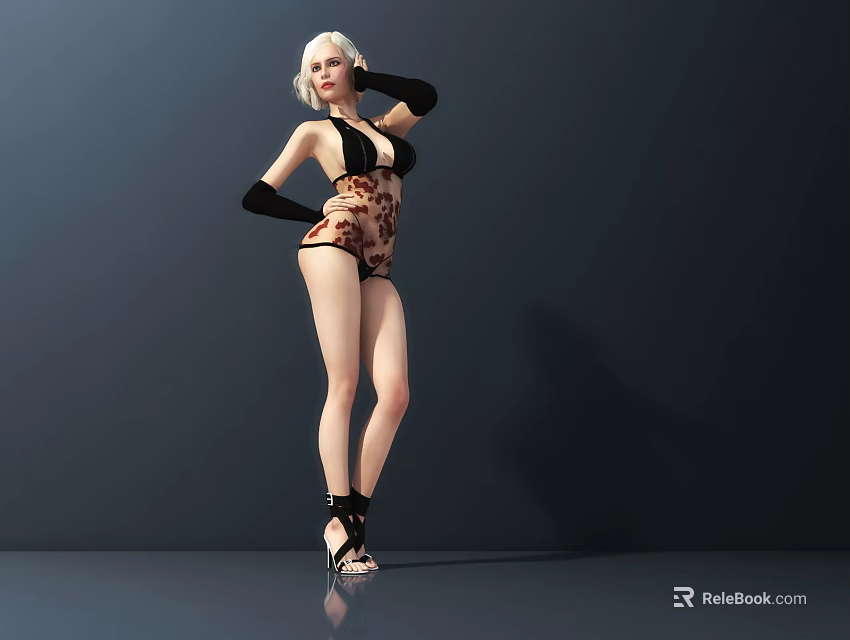 Blonde Woman in Leopard Print Bikini with Black Gloves and High Heels on Sleek Floor 3d model 