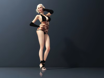Blonde Woman in Leopard Print Bikini with Black Gloves and High Heels on Sleek Floor 3d model