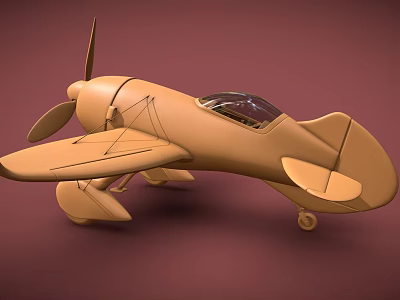 Vintage Airplane Model In Light Brown With Propeller On Dark Red Background 3d model