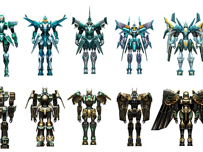 Colorful Mecha Robot Figures With Various Designs Detailed Armor And Unique Styles 3d model
