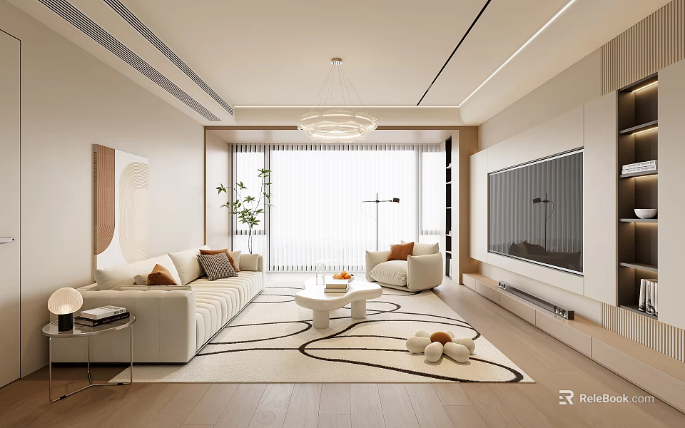 Elegant Modern Living Room Interior With Beige Sofa Coffee Table Rug And Chandelier 3d model 