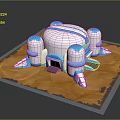 Sci-Fi Scene Featuring Domed White And Blue Structure With Support Pillars On Desert Terrain 3d model