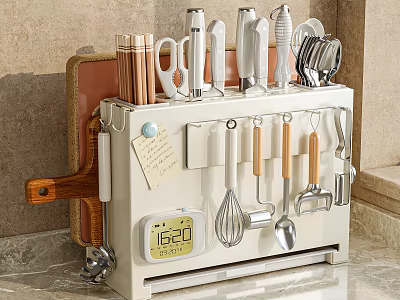 Kitchen Utensil Decorative Storage Set With Timer Hooks Knives Whisk And Wooden Handle Tools 3d model