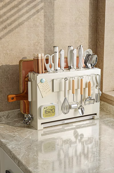 Kitchen Utensil Decorative Storage Set With Timer Hooks Knives Whisk And Wooden Handle Tools 3d model