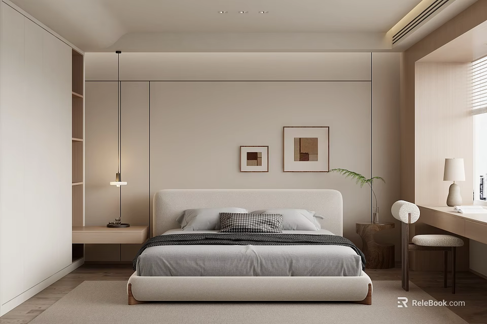 Modern Minimalist Bedroom Interior With Neutral Tones Bed Wall Art Potted Plant And Pendant Light 3d model 
