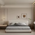 Modern Minimalist Bedroom Interior With Neutral Tones Bed Wall Art Potted Plant And Pendant Light