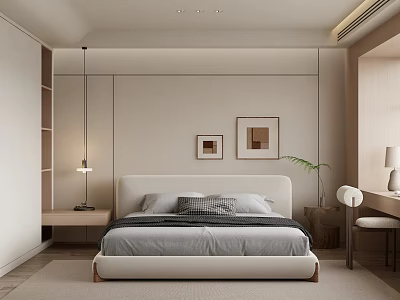 Modern Minimalist Bedroom Interior With Neutral Tones Bed Wall Art Potted Plant And Pendant Light 3d model