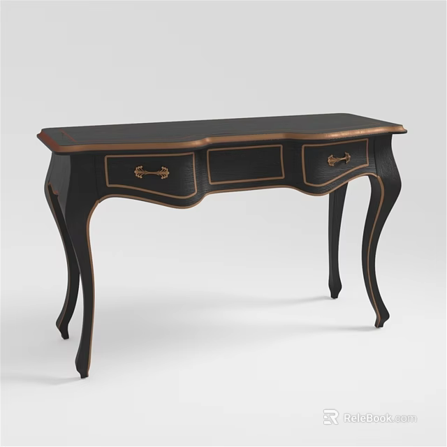 Elegant Black Dining Table With Gold Accents Drawers And Curved Legs 3d model 