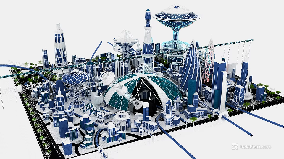 Future City 3D Model Featuring Sci Fi Architecture Tall Buildings Dome Towers And Bridges 3d model 