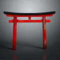 Red Traditional Japanese Torii Gate With Black Top And Wooden Frame