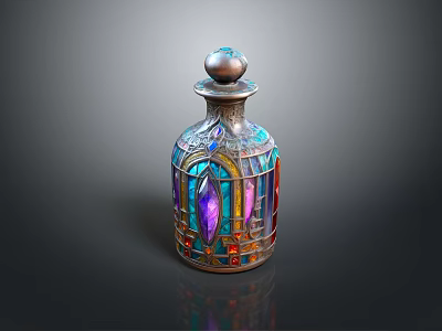 Decorative Stained Glass Bottle With Intricate Metal Cap And Colorful Patterns 3d model