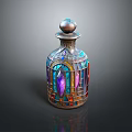Decorative Stained Glass Bottle With Intricate Metal Cap And Colorful Patterns