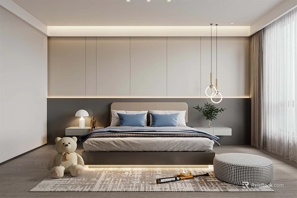 Cozy Kids Room Interior Design With Bed Teddy Bear Rug Toy Car and Pendant Light 3d model 