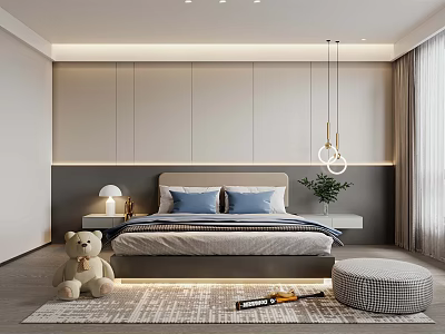 Cozy Kids Room Interior Design With Bed Teddy Bear Rug Toy Car and Pendant Light 3d model