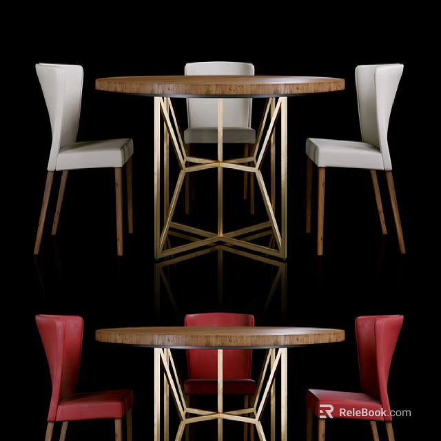 Modern Round Wooden Dining Table With Gold Metal Frame And White Red Upholstered Chairs 3d model 