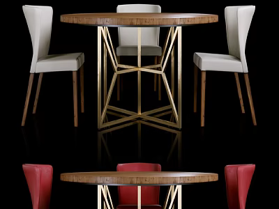 Modern Round Wooden Dining Table With Gold Metal Frame And White Red Upholstered Chairs 3d model