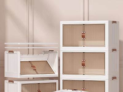 Elegant Modern Stackable White Storage Boxes With Brown Buckles And Woven Doors 3d model