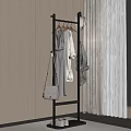 Modern Clothes Hanger With Dress Shirt Plaid Coat And Handbag Near Curtains