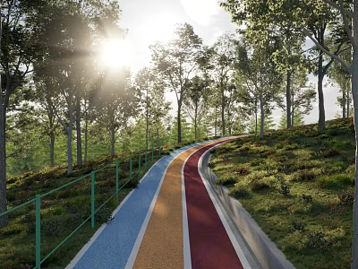 Scenic Winding Colorful Pathway With Green Guardrail Trees And Sunlit Grassland 3d model