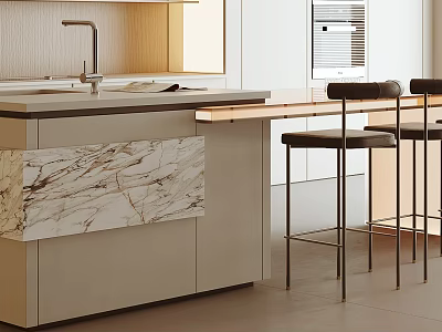 Modern Kitchen Bar Counter Interior With Marble Panel And High Stools 3d model