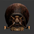 A textured brown beetle with long antennae and shiny shell on dark background