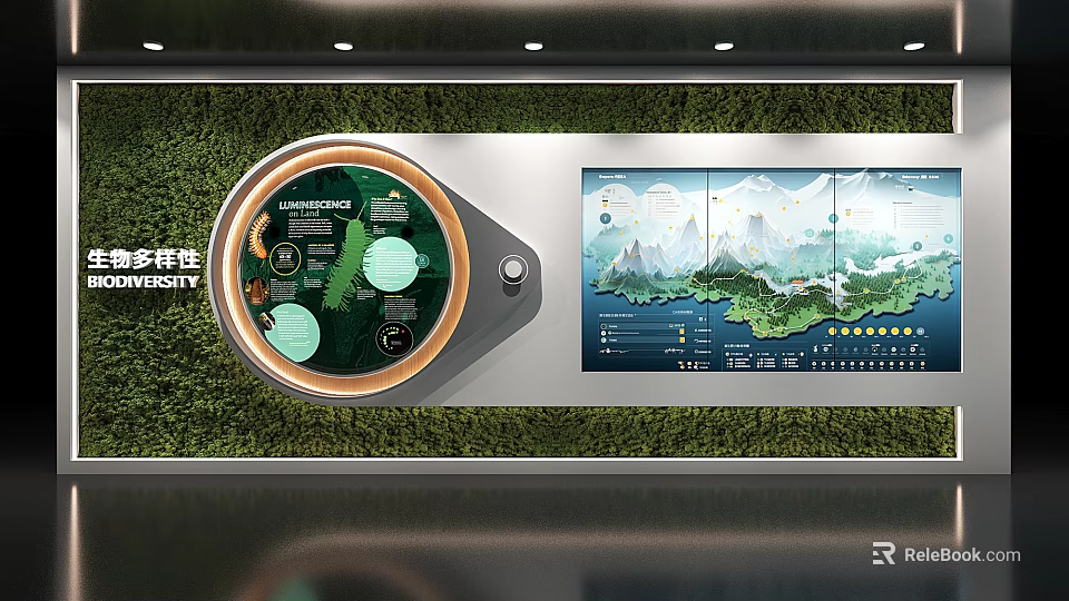 Exhibition Hall With Green Wall Circular Display Map Mountains And Data Visualization 3d model 