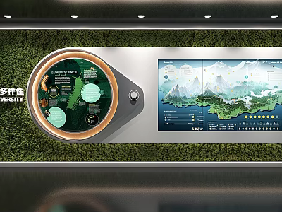Exhibition Hall With Green Wall Circular Display Map Mountains And Data Visualization 3d model