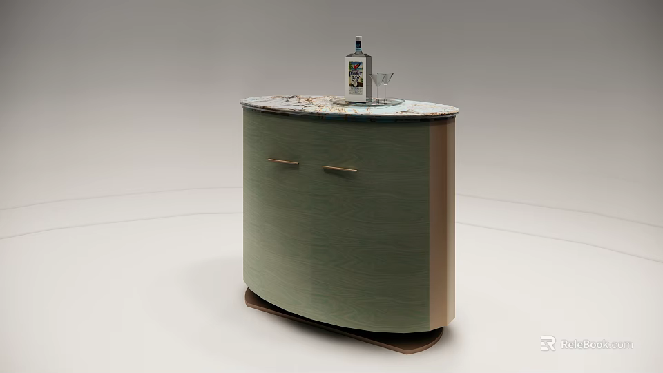 Modern Green Decorative Cabinet With Marble Top And Wine Glass On Wooden Body 3d model 