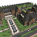 Classic Red Brick Courtyard With Central Fountain Lawn Green Trees And People Strolling