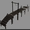 Old Wooden Bridge with Weathered Planks Wooden Posts and Rope Railings