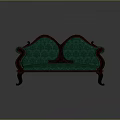 Elegant Teal Two Seater Sofa With Carved Wooden Arms And Floral Patterned Fabric