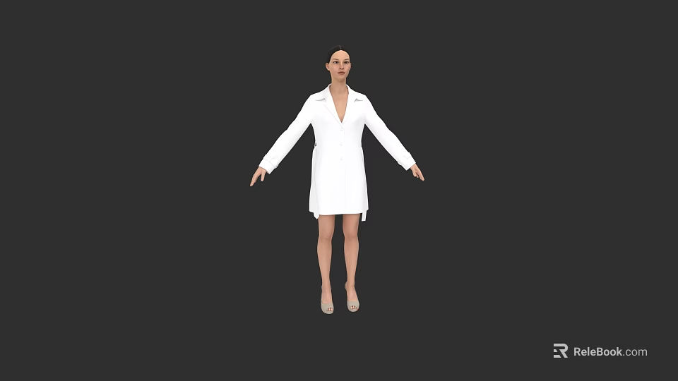 Woman In White Coat Standing With Arms Outstretched On Black Background 3d model 