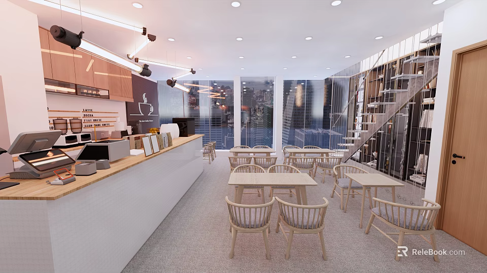 Modern Cafe Interior With Bar Counter Wooden Tables And Large Windows 3d model 