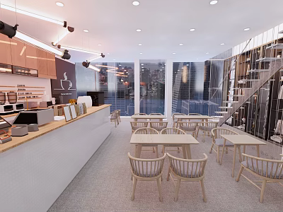 Modern Cafe Interior With Bar Counter Wooden Tables And Large Windows 3d model