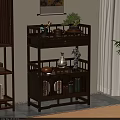 Chinese Wooden Display Shelf with Teapots Vase and Potted Plant Decorations for Home Interior