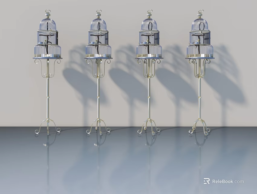 Four Glass Panel Swing Doors With Silver Metal Frames On Reflective Floor 3d model