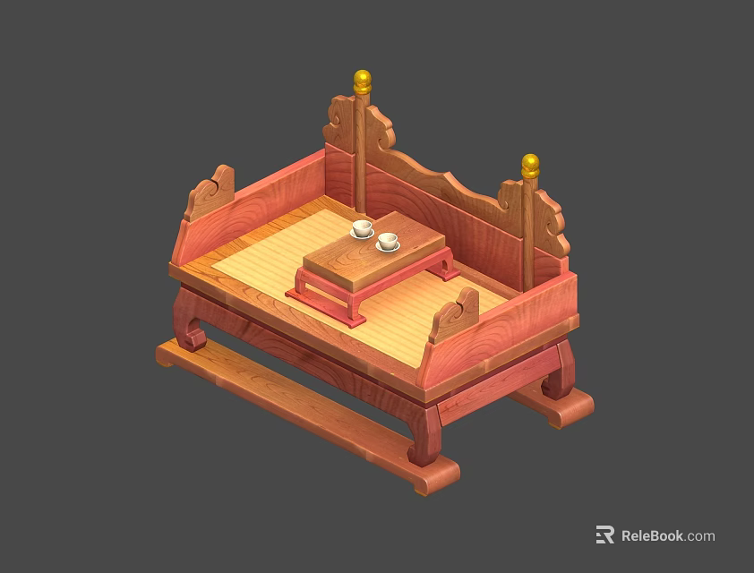 Traditional Chinese Wooden Arhat Bed with Carved Backrest and Small Tea Table 3d model 