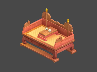 Traditional Chinese Wooden Arhat Bed with Carved Backrest and Small Tea Table 3d model