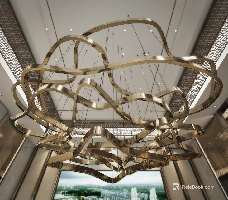 Luxury Sales Office Interior With Modern Metallic Artistic Chandelier And Spacious Design 3d model 