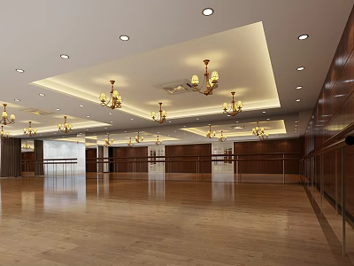 Spacious Dance Studio Interior Design With Wooden Floors Walls And Chandeliers 3d model